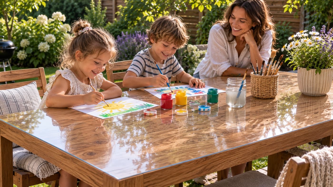 Table familiale protégée par un tapis transparent en verre souple