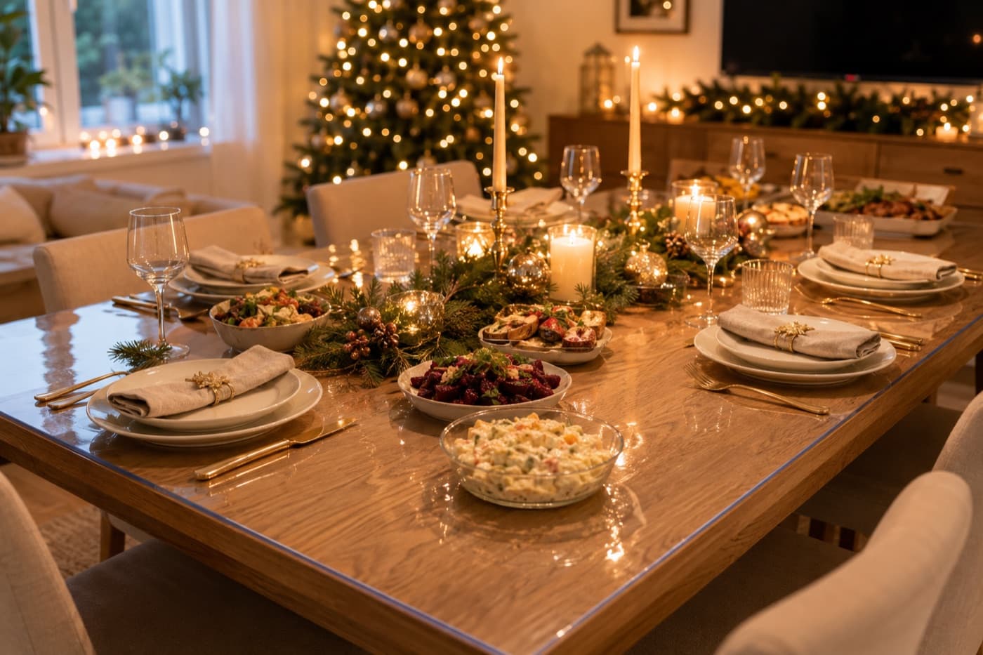 Table de fête protégée par un tapis transparent en verre souple