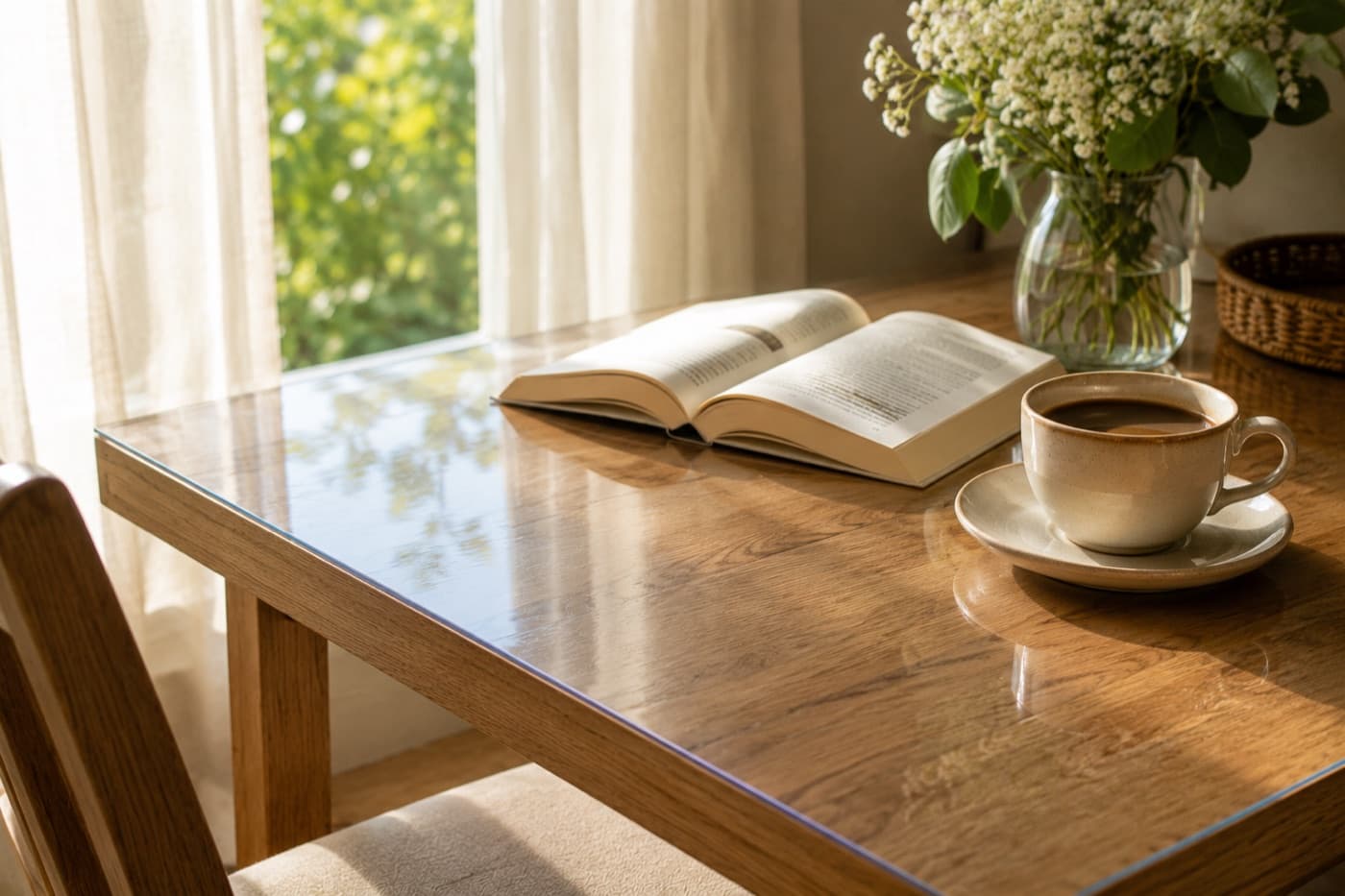 Tasse de café sur une table en bois avec un tapis en verre souple qui protège le plateau des taches