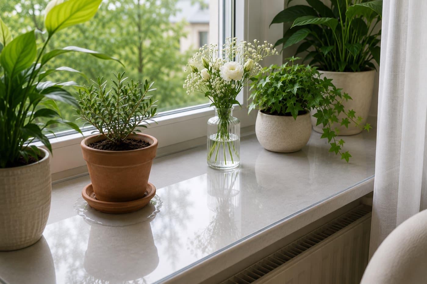 Tapis transparent sur une tablette de fenêtre sous des pots de plantes