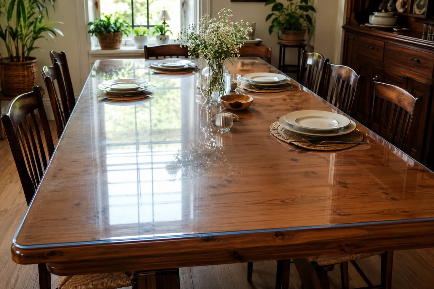 Grande table familiale recouverte d'un tapis de protection transparent brillant, surface lustrée sur tout le plateau