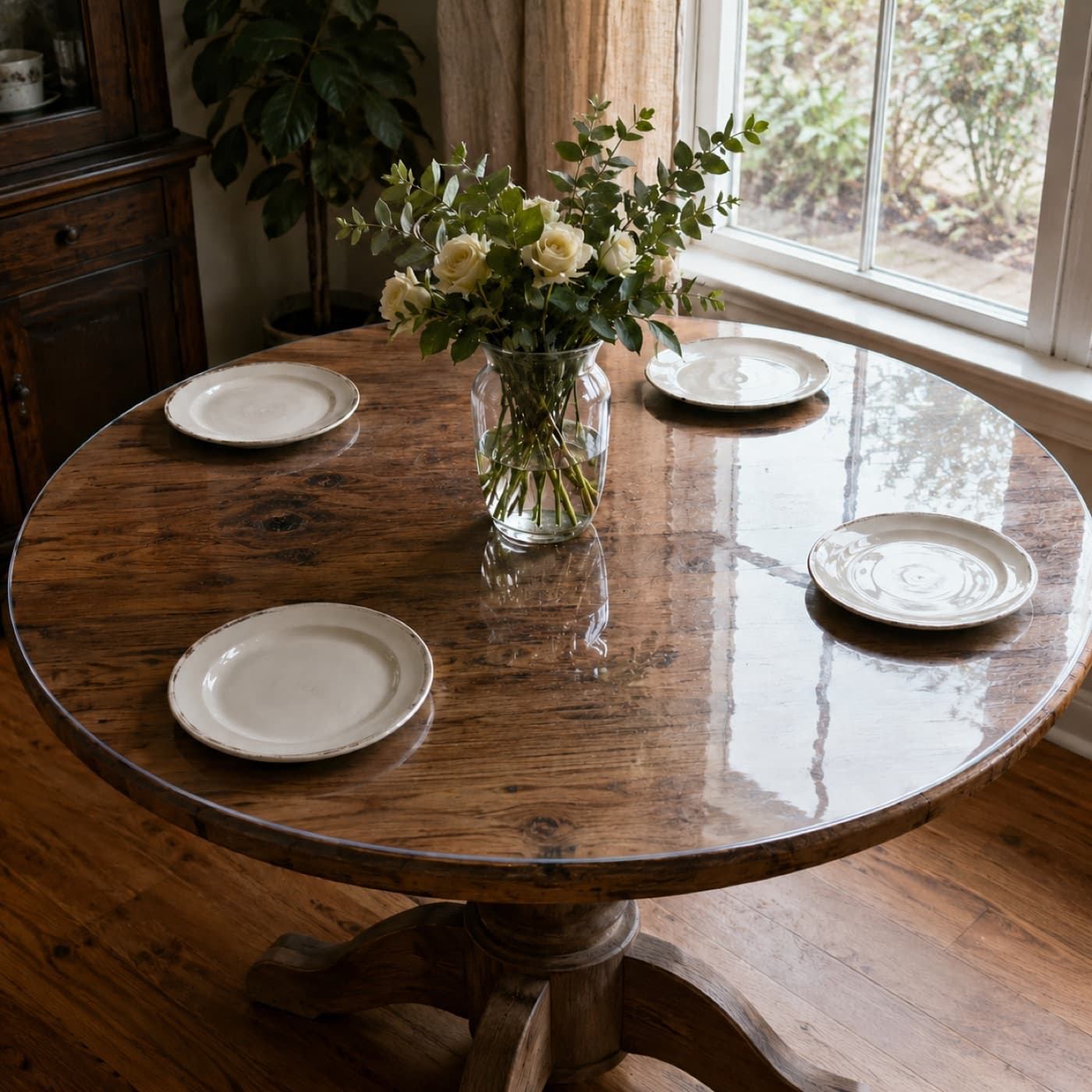 Tapis de protection sur la surface : Table ronde