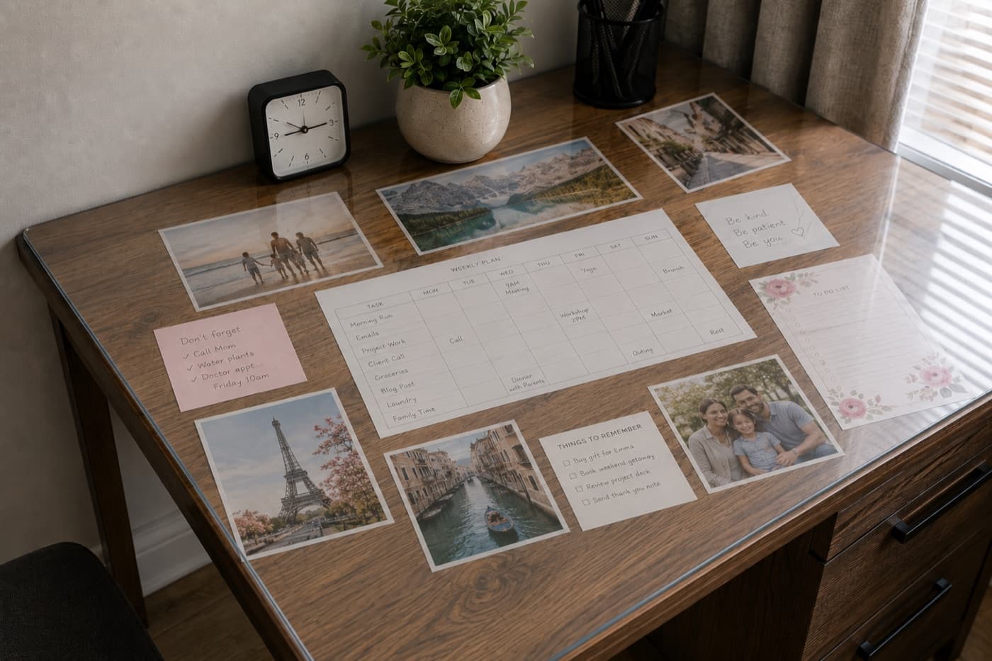 Journal sous un tapis transparent — le texte imprimé reste lisible