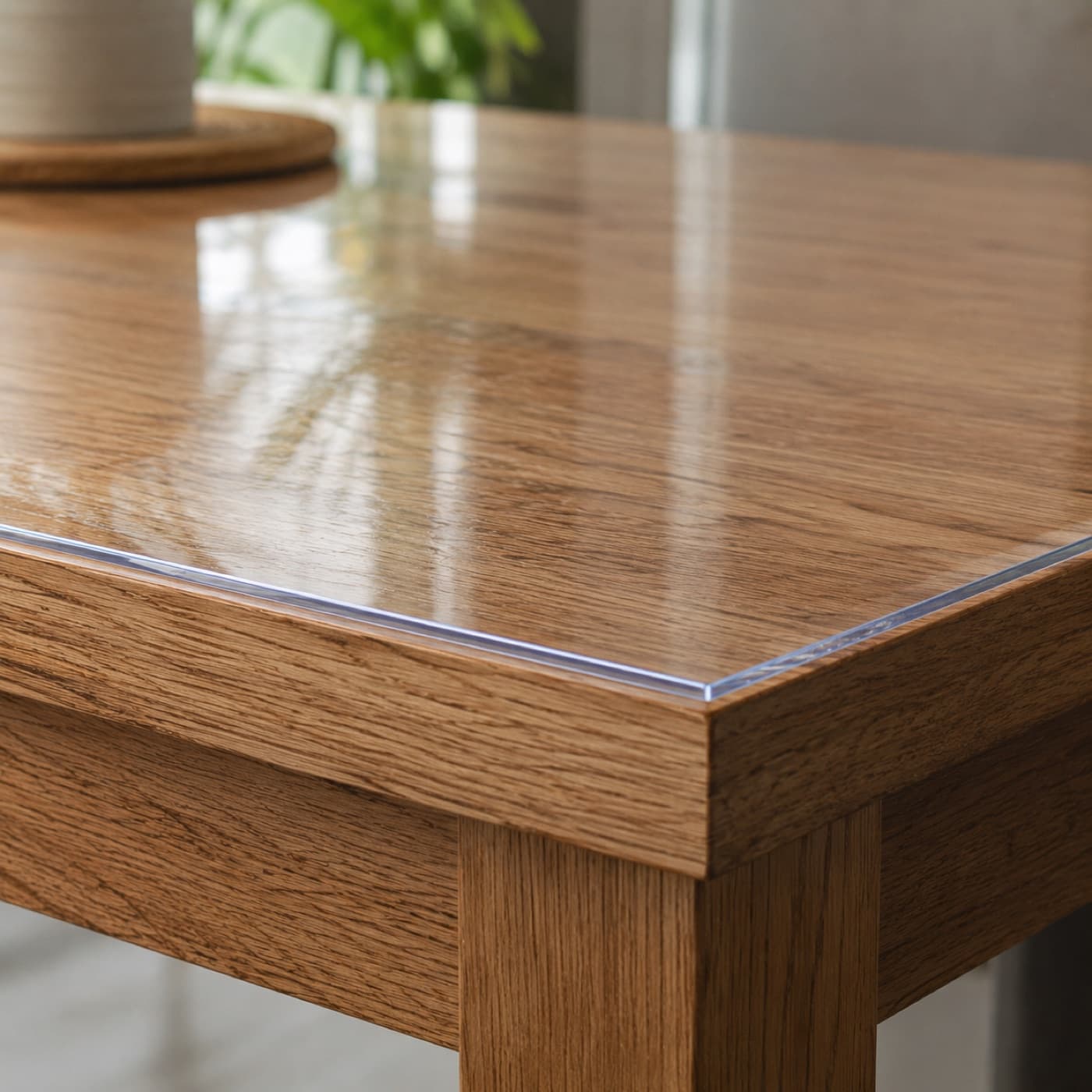 Tapis de protection transparent sur une table en chêne — le veinage du bois reste visible