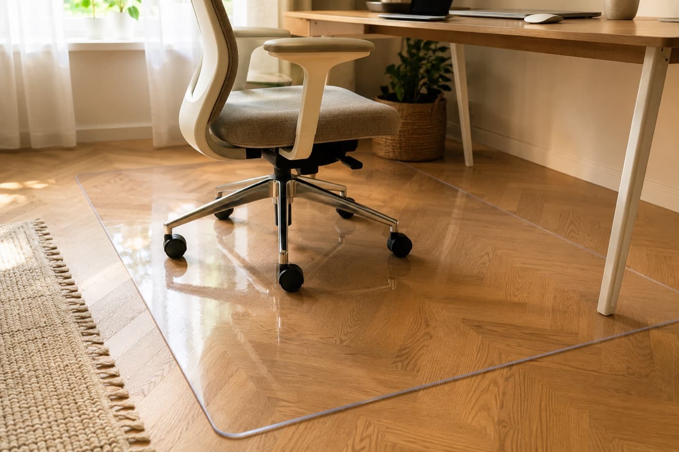 Transparante mat van zacht glas in een werkhoek thuis