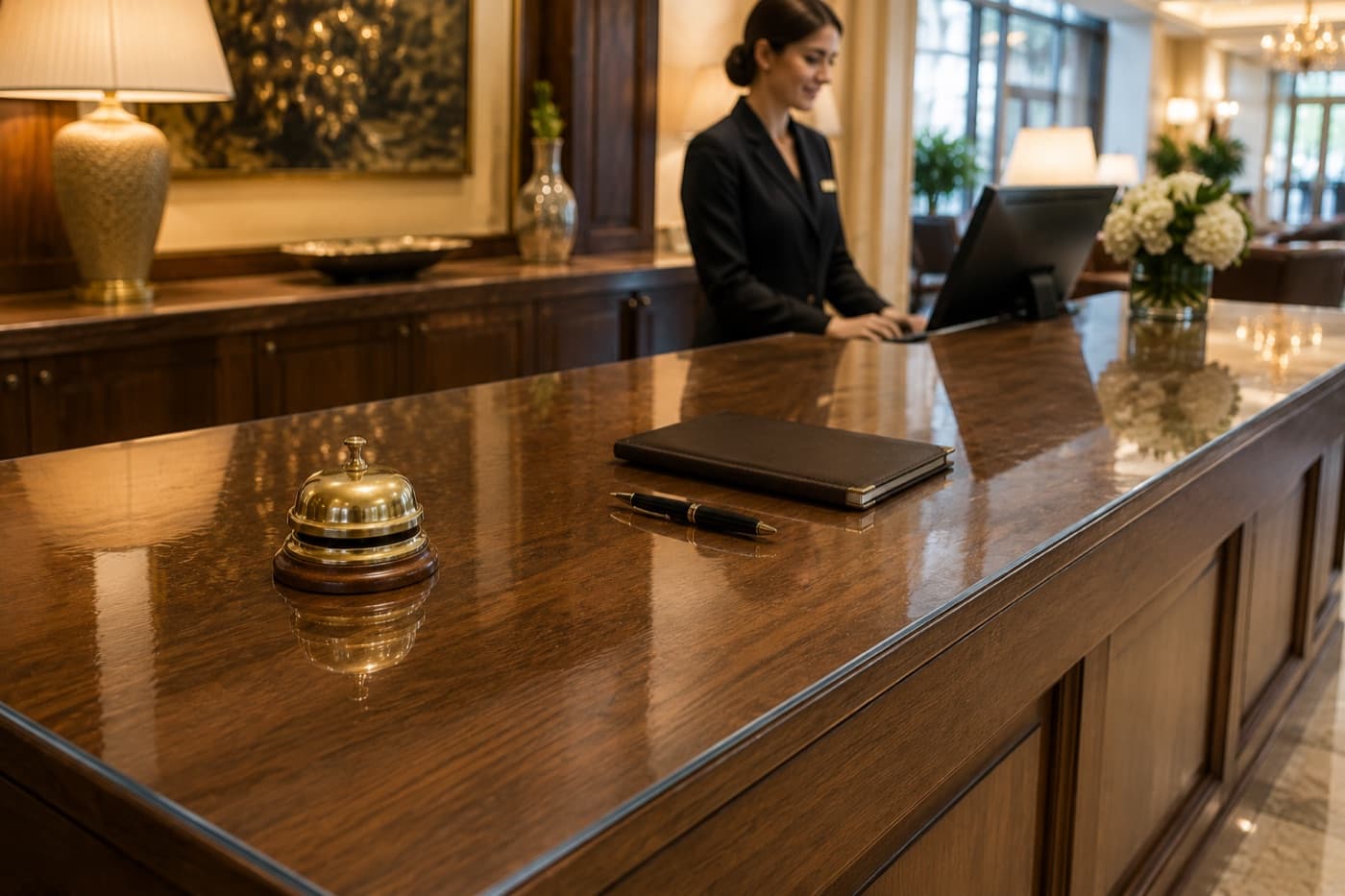 Concierge-Theke in einer Hotelrezeption, durch weiches Glas vor Kratzern und Wasser geschützt