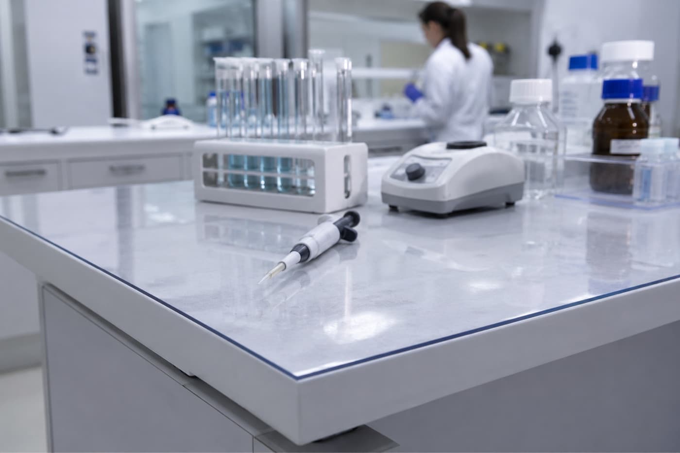 Laborplatte in einer Klinik, abgedeckt mit einer transparenten Schutzmatte aus weichem Glas