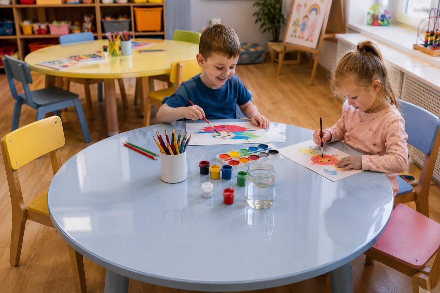 Bunte Kindergartentische zum Malen, geschützt mit einer transparenten Schutzmatte aus weichem Glas