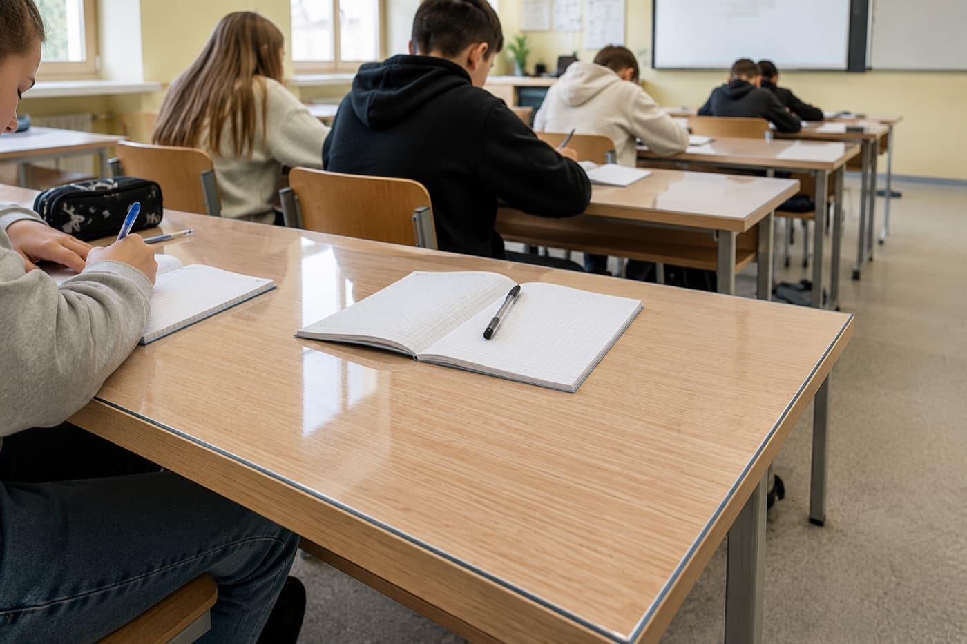 Schulbänke in einem Klassenzimmer, abgedeckt mit einer transparenten Schutzmatte aus weichem Glas