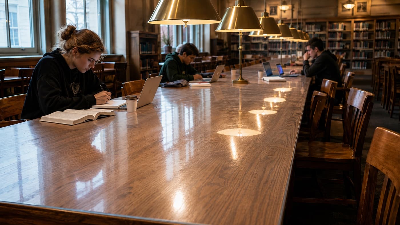 Lange Lesesaaltische einer Universität mit Laptops, durch weiches Glas vor Kratzern geschützt