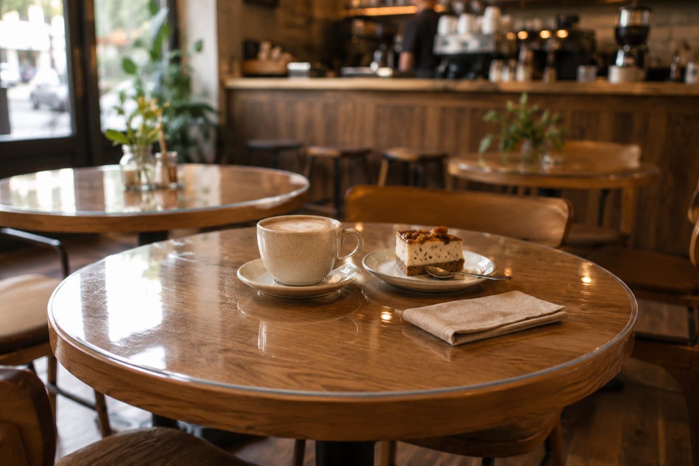 Cafétische mit Tassen, abgedeckt mit einer transparenten Schutzmatte aus weichem Glas
