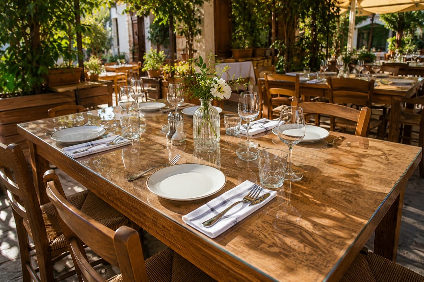Holztische auf einer Restaurantterrasse mit einer Schutzmatte aus weichem Glas im Sommerlicht
